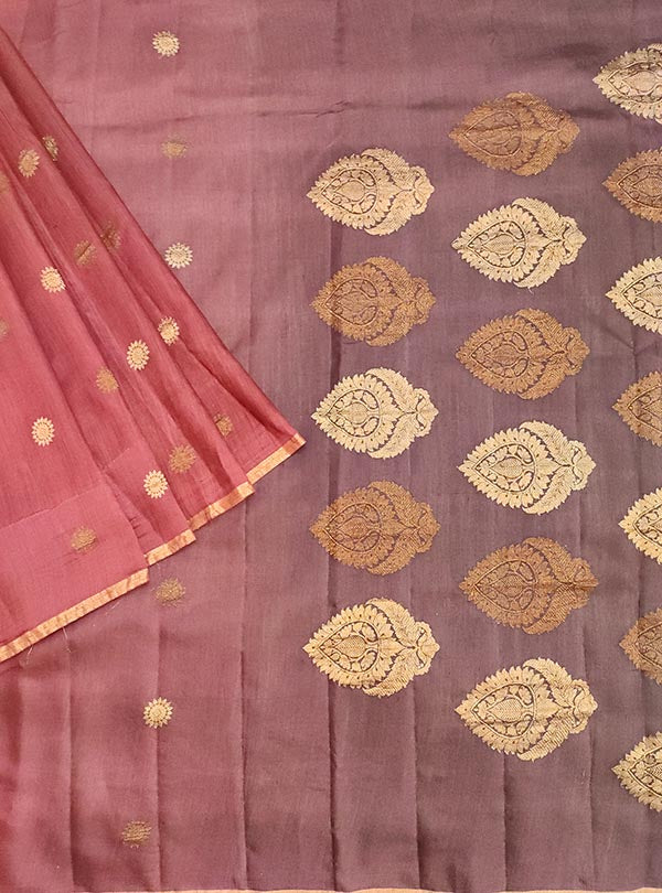 Maroon muga silk handwoven Banarasi saree with kaduwa sun booti (1) main