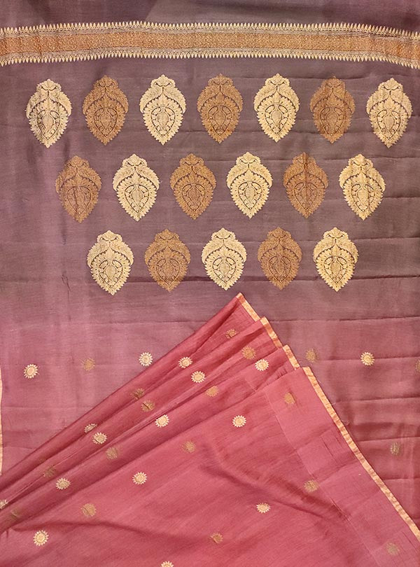 Maroon muga silk handwoven Banarasi saree with kaduwa sun booti (4) full