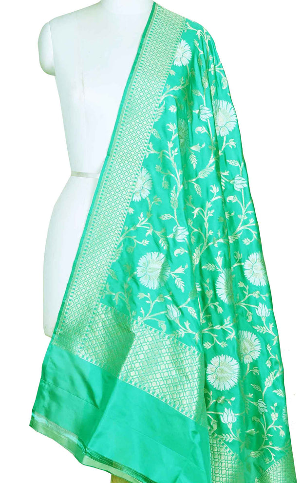 Mint green katan silk Banarasi dupatta with sona rupa floral jaal (1) Main