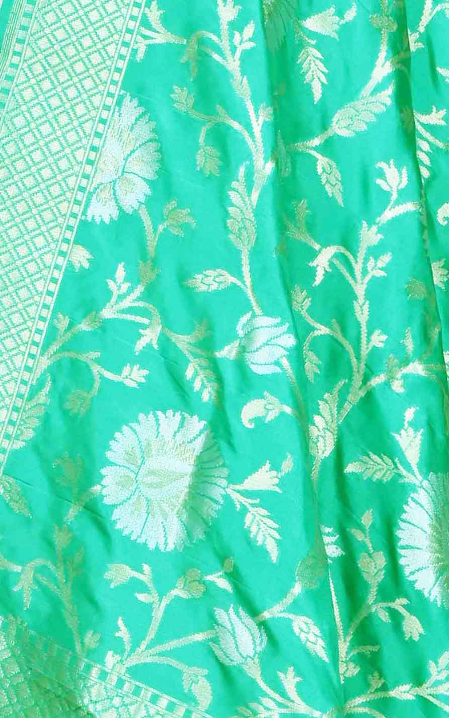 Mint green katan silk Banarasi dupatta with sona rupa floral jaal (2) Close up