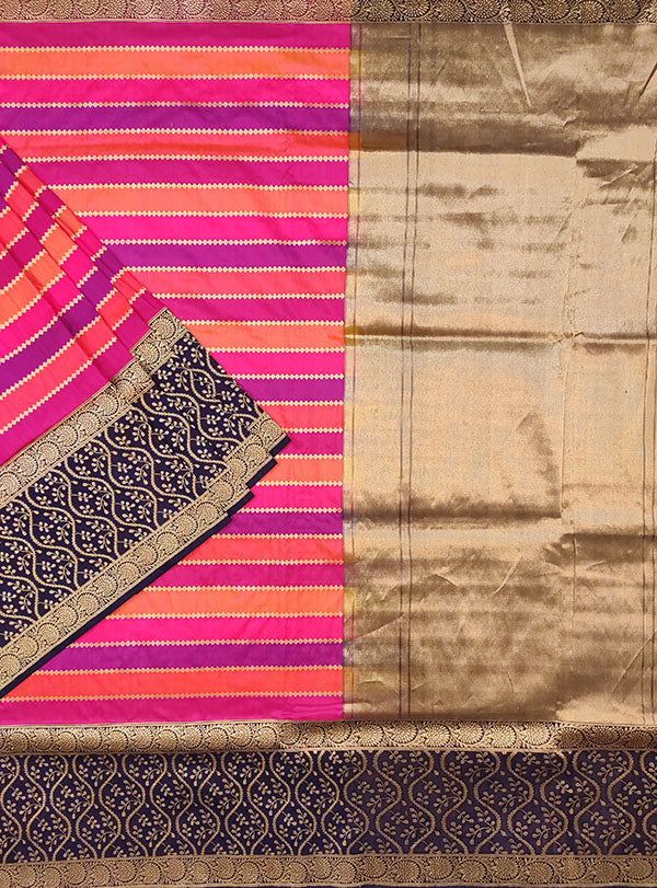 Multi color Katan silk Banarasi saree with horizontal stripes (1) main