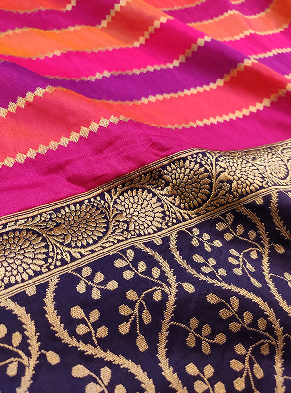 Multi color Katan silk Banarasi saree with horizontal stripes (2) zoom