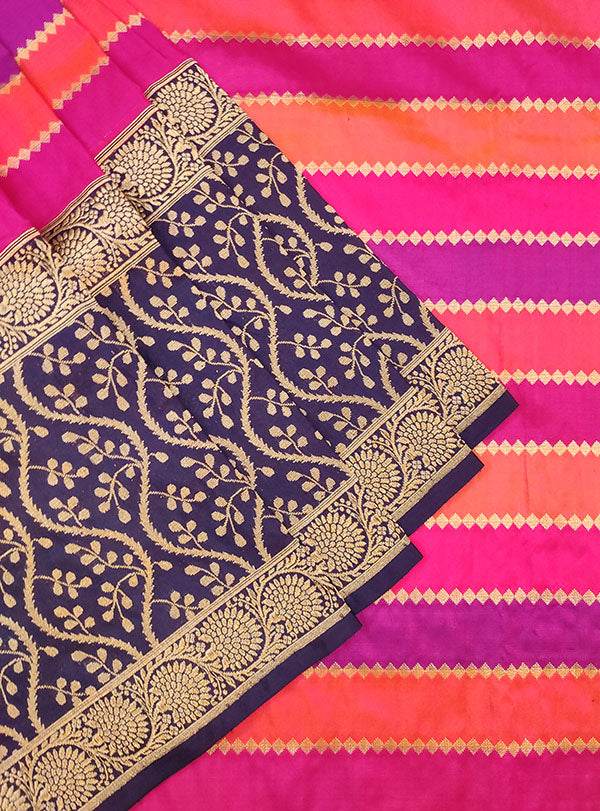 Multi color Katan silk Banarasi saree with horizontal stripes (3) close up