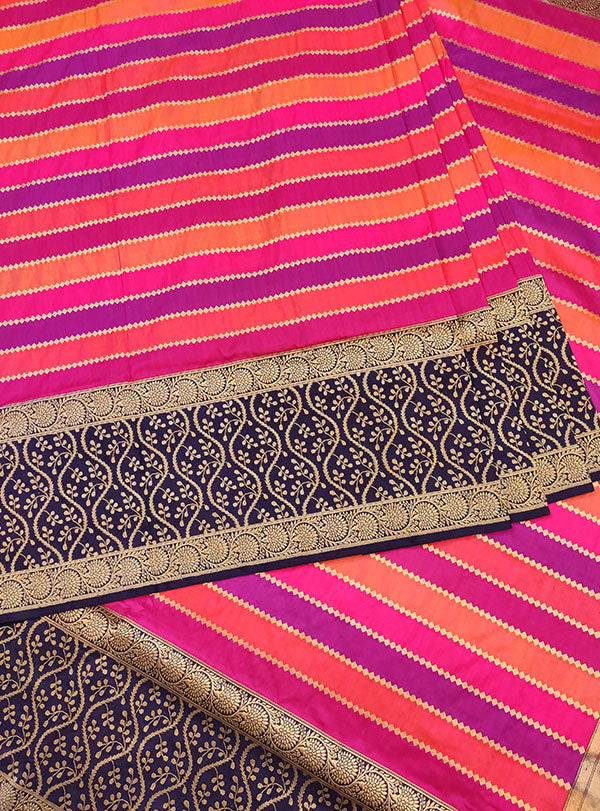 Multi color Katan silk Banarasi saree with horizontal stripes (4) center