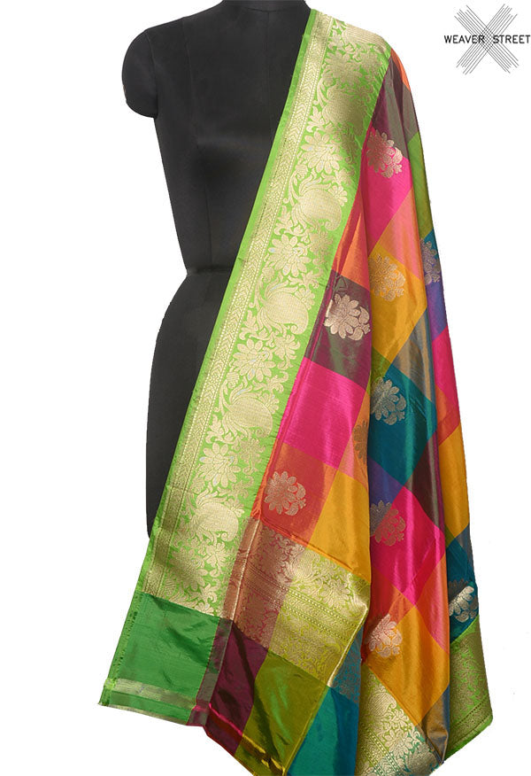Multicolor checkerd katan silk handwoven banarasi dupatta with flower buta (1) Main