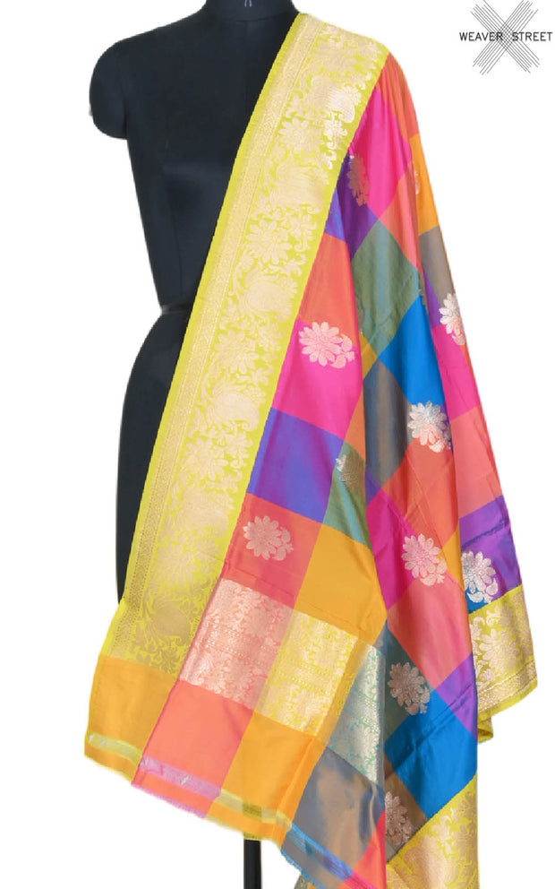 Multi color checkered Katan silk handwoven Banarasi dupatta with flower buta (1) main