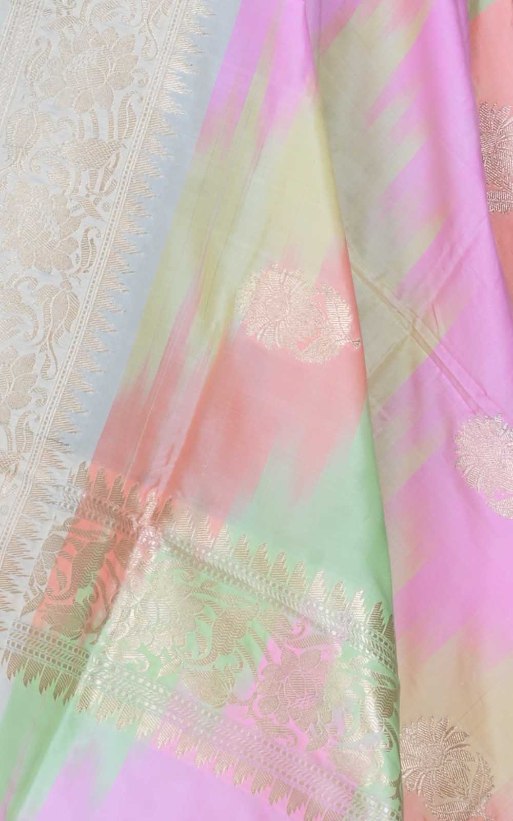 Multicolor rainbow Katan silk handwoven Banarasi dupatta with flower buta (2) closeup