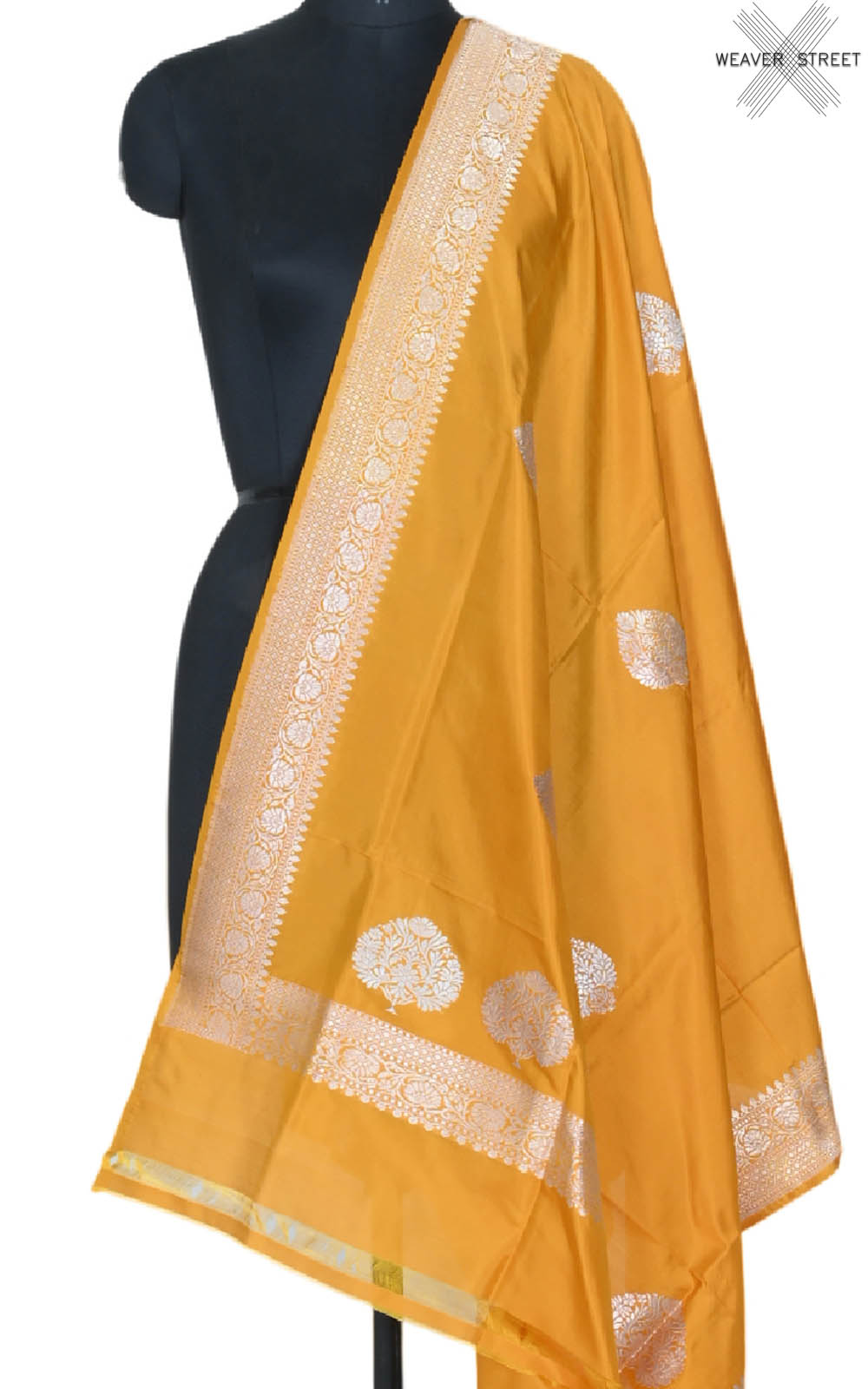 Mustard Katan silk handwoven Banarasi dupatta with leaf shape buta (1) main