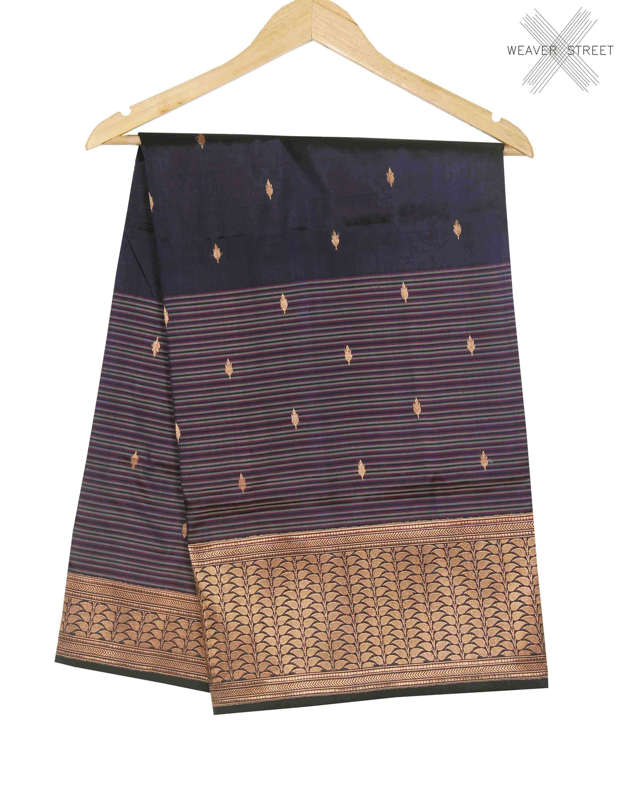 Navy blue Katan Silk Handwoven Banarasi saree with mini leaf over striped pattern (1) main
