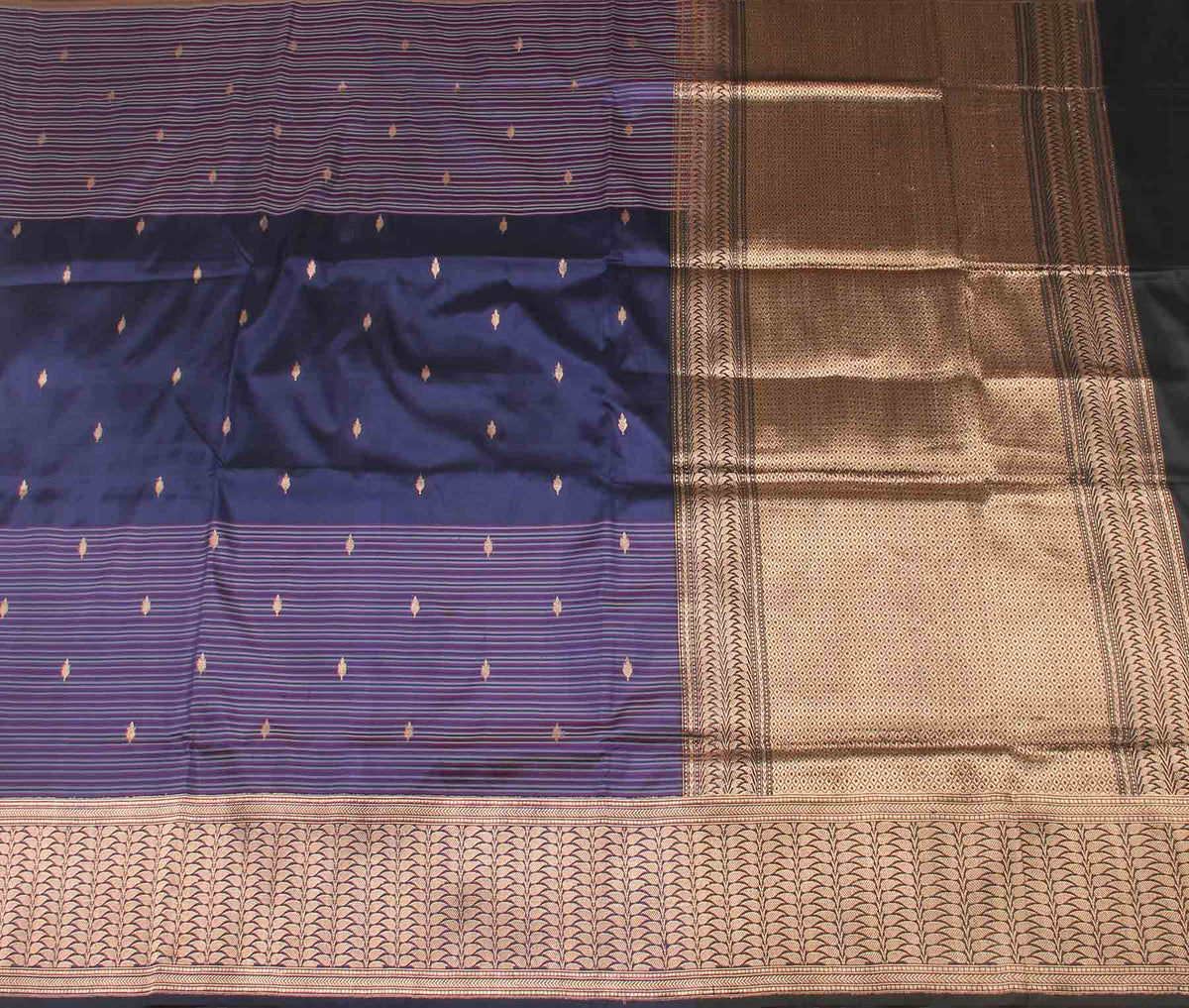 Navy blue Katan Silk Handwoven Banarasi saree with mini leaf over striped pattern (2) flat