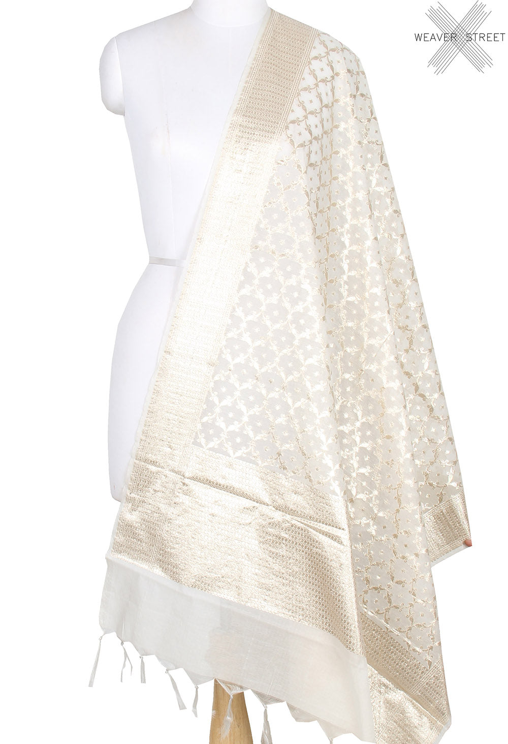 Off white Cotton Banarasi dupatta with botti inside ogee pattern jaal (1) main