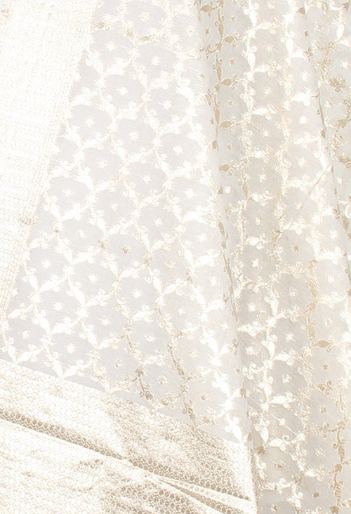 Off white Cotton Banarasi dupatta with botti inside ogee pattern jaal (2) closeup