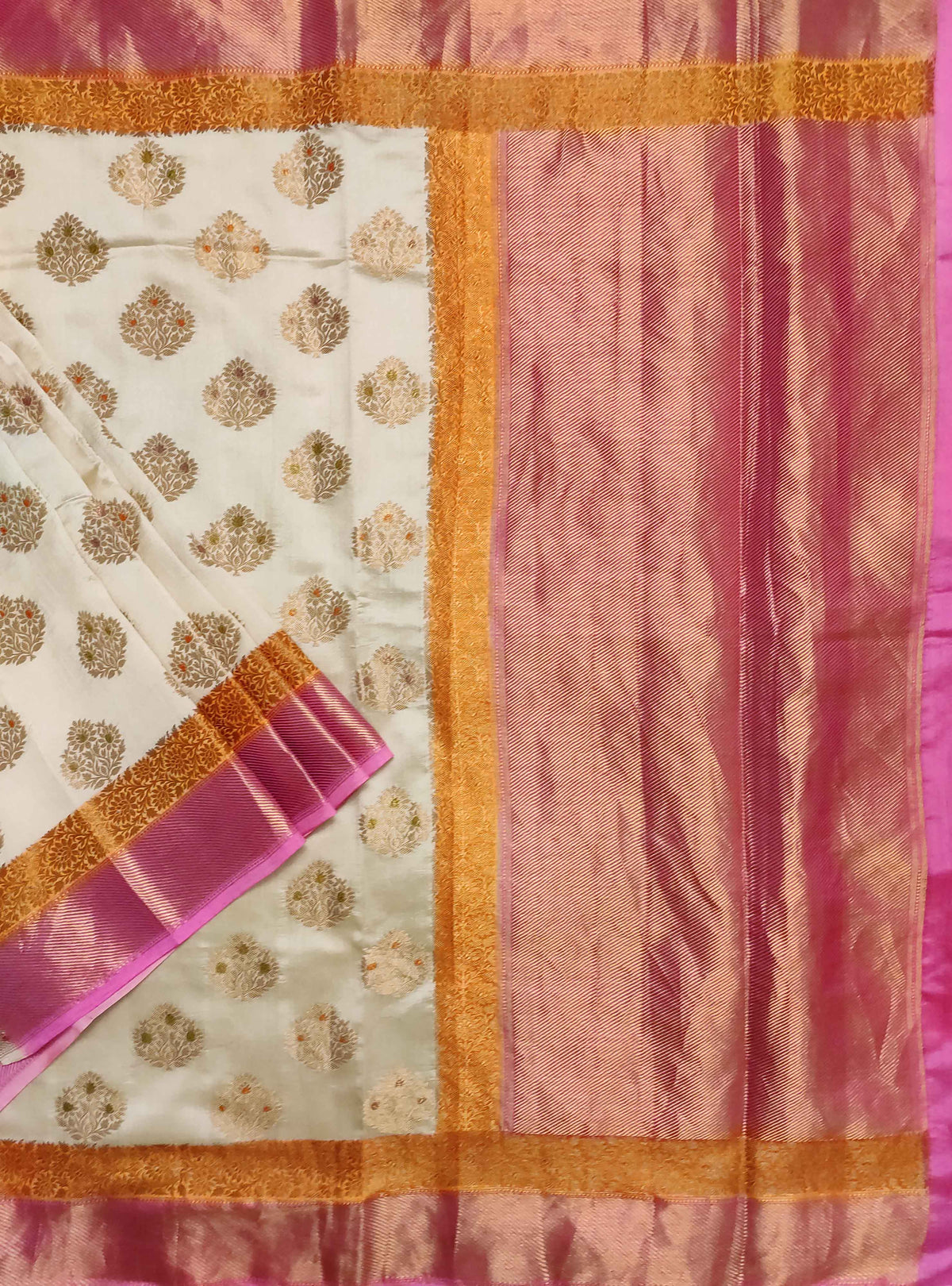 Off white muga chiniya silk Banarasi saree with handpainted meenedar flower booti (1) Main