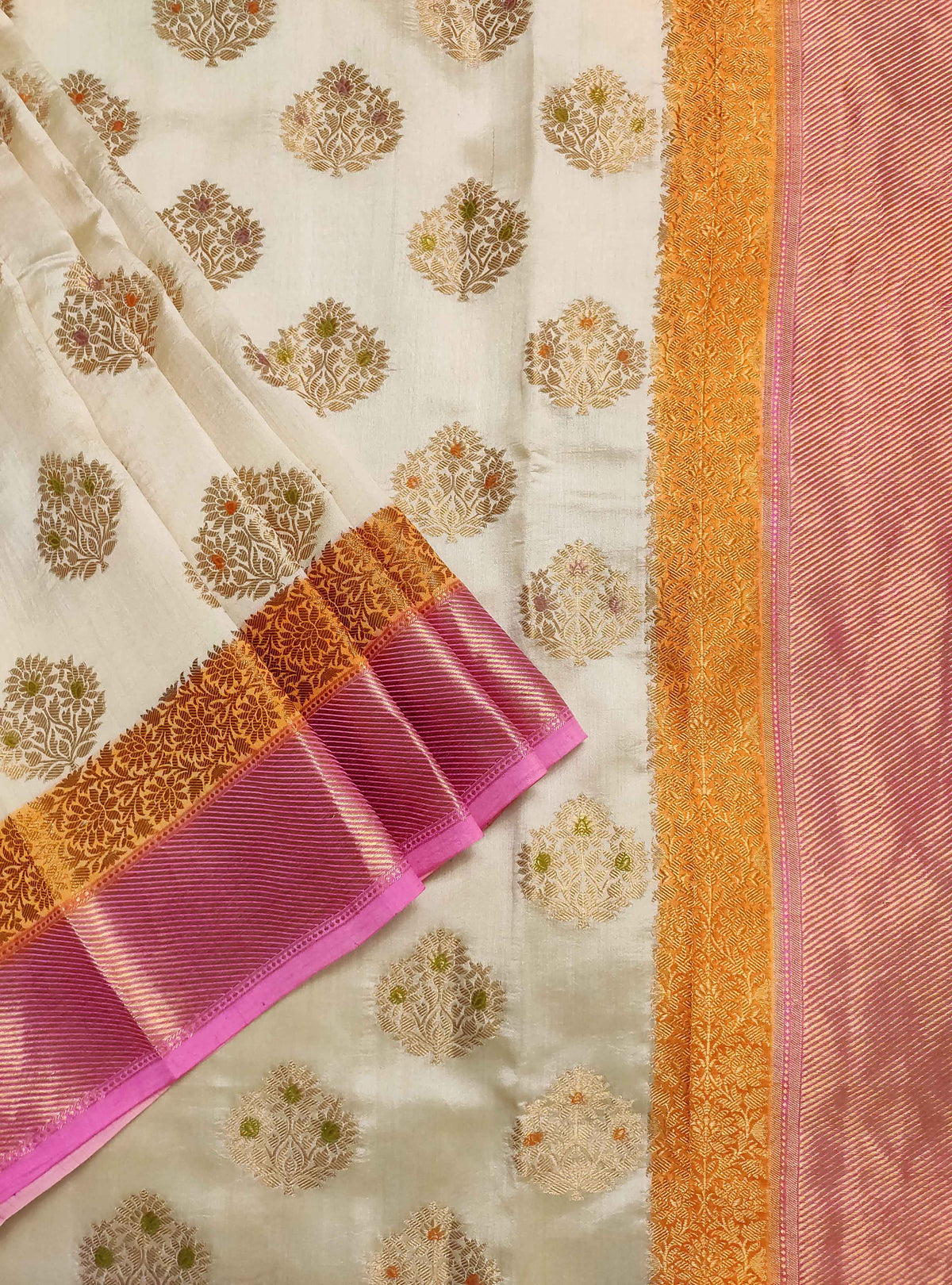 Off white muga chiniya silk Banarasi saree with handpainted meenedar flower booti (2) Close up