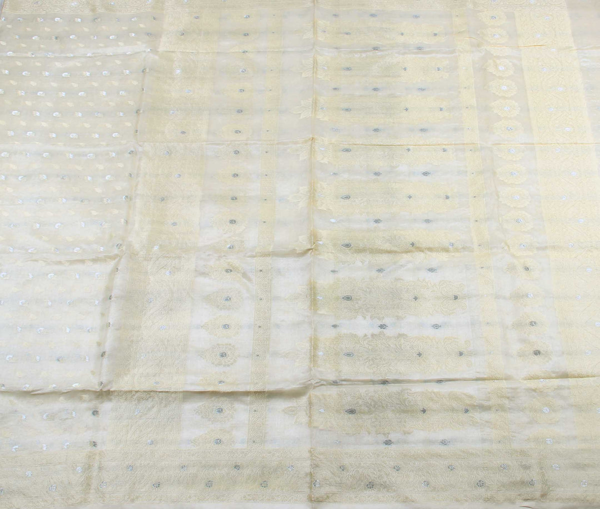 Off white tussar silk handwoven Banarasi saree with mini motifs (2) flat