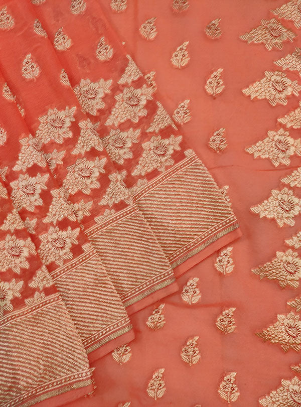 Orange Khaddi georgette Banarasi saree with meenedar leaf booti (2) close up