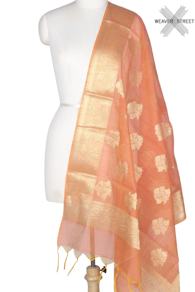 Orange Art Silk Cotton Banarasi Dupatta with flower motifs (1) Main