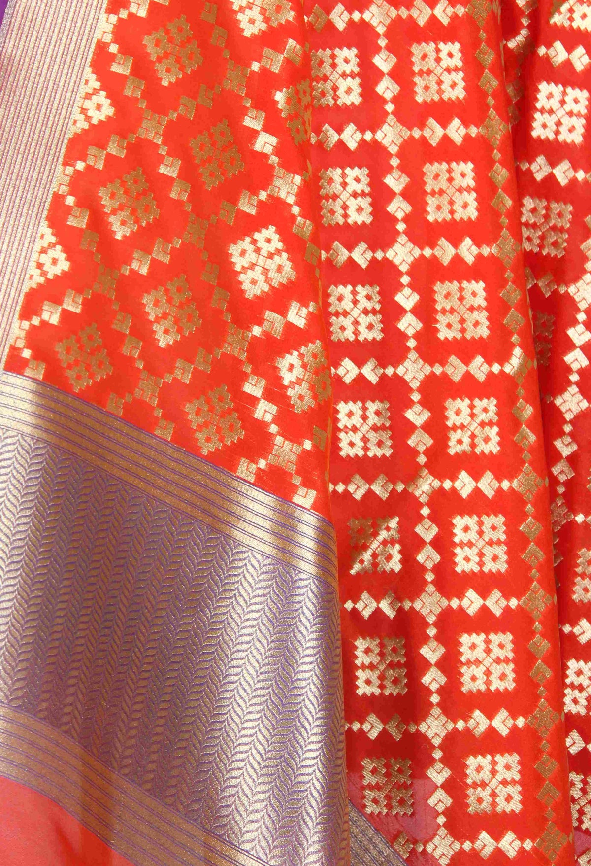 Orange Banarasi Dupatta with geometrical booti in grid jaal (2) Close up