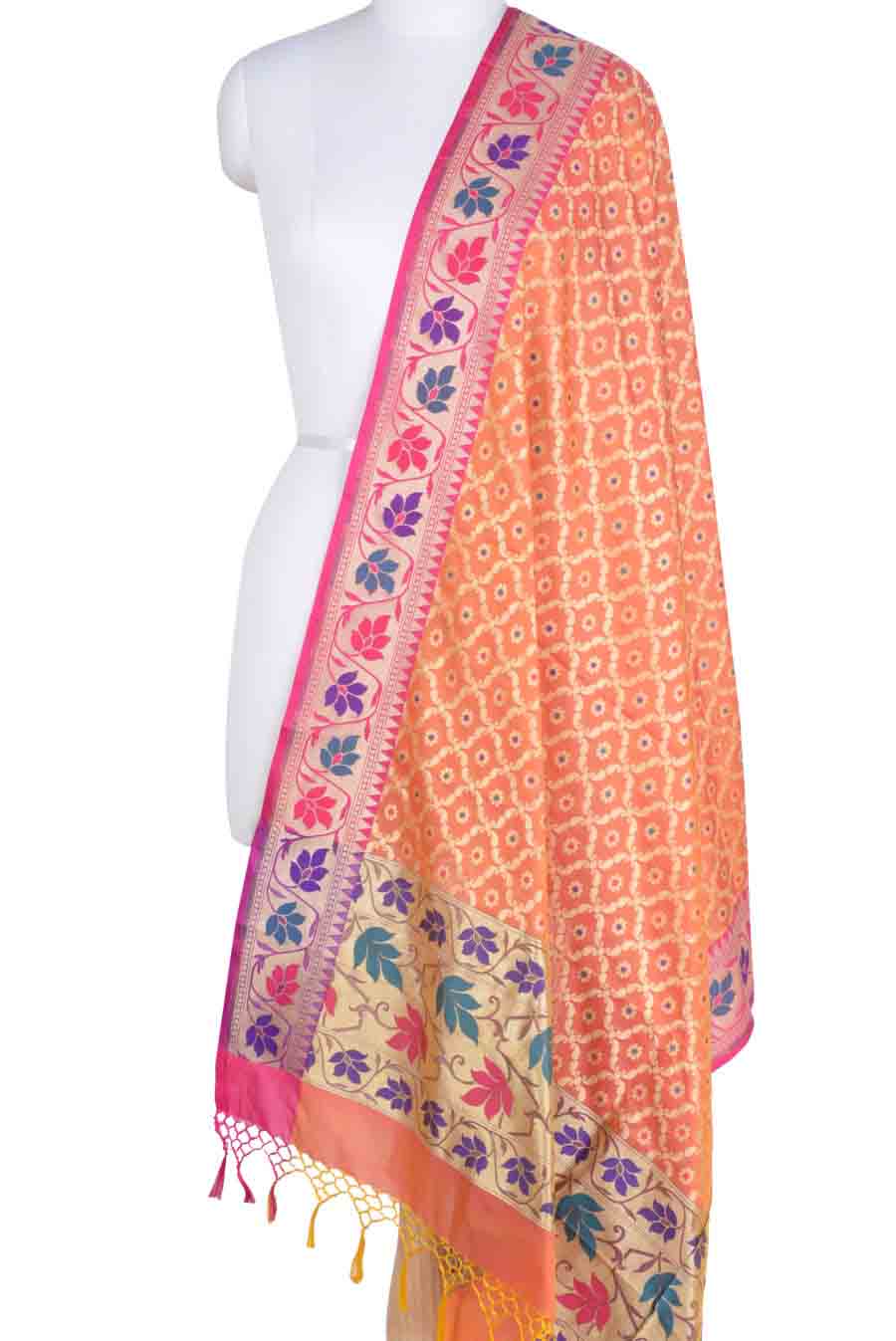 Orange Banarasi Dupatta with leaf jaal and floral motifs (1) Main