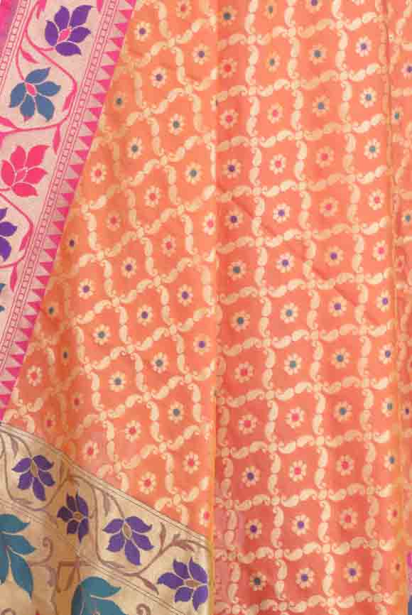 Orange Banarasi Dupatta with leaf jaal and floral motifs (2) Close up