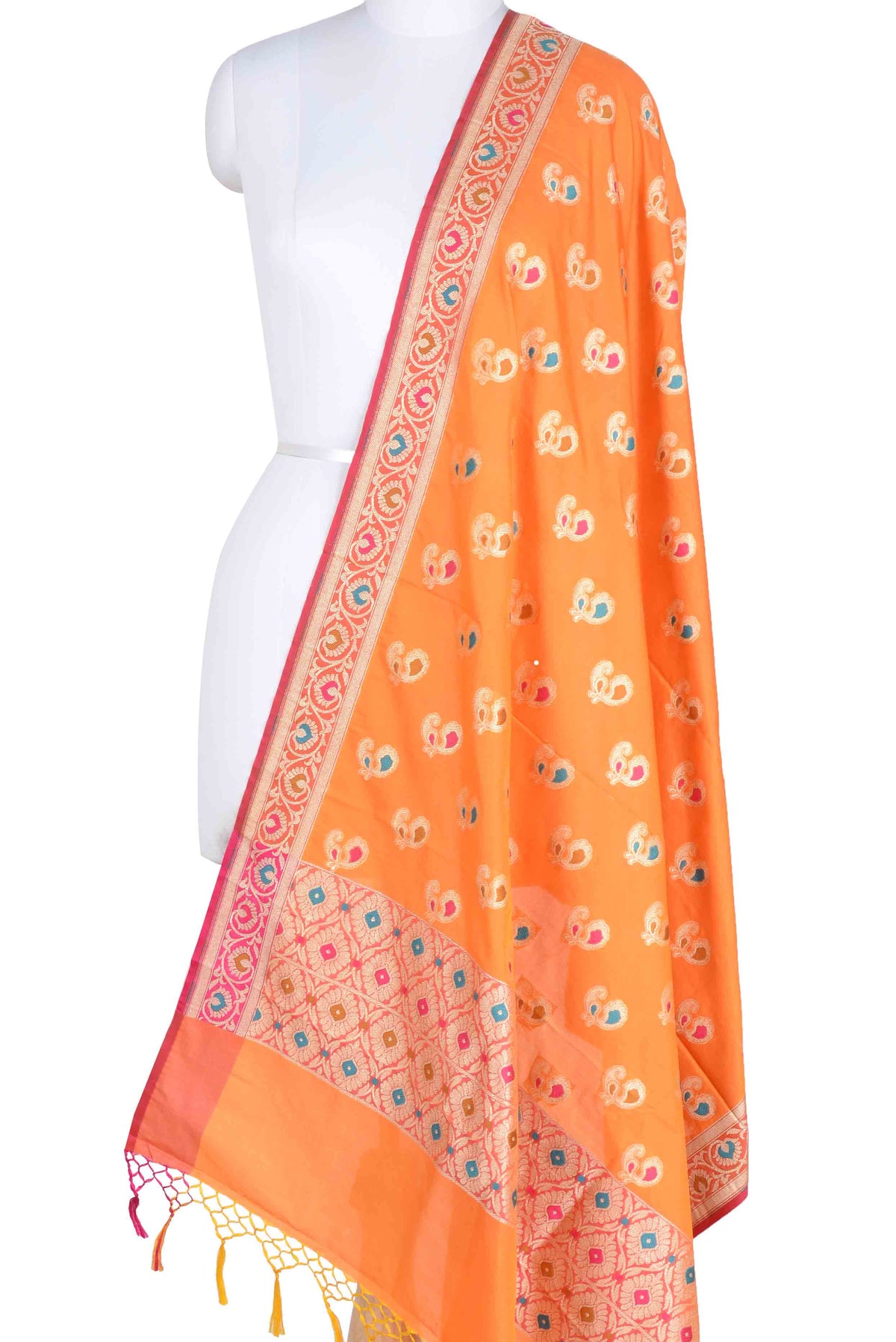 Orange Banarasi Dupatta with multi color peacock motifs (1) Main