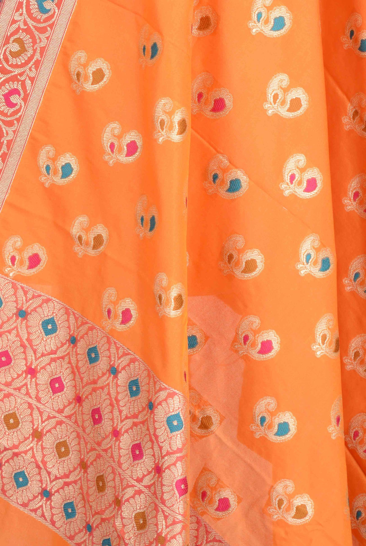 Orange Banarasi Dupatta with multi color peacock motifs (2) Closeup
