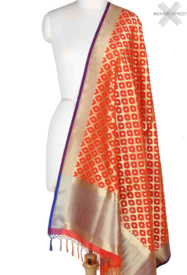 Orange Banarasi dupatta with mini flower motifs in paisley jaal (1) Main