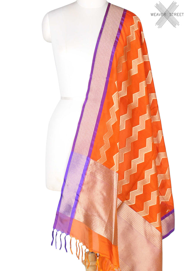 Orange Katan Silk Banarasi Silk Dupatta with chevron pattern (1) Main