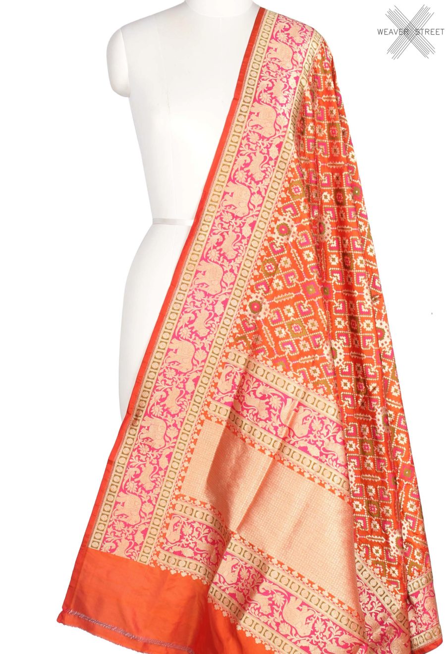 Orange Katan Silk Handwoven Banarasi Dupatta with meenedar patola jaal (1) Main