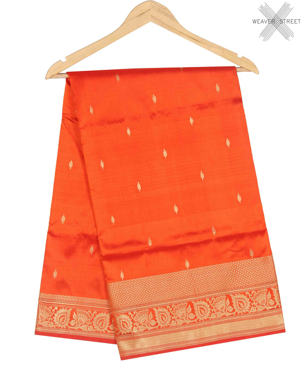 Orange Katan Silk Handwoven Banarasi saree with mini booti (1) Main