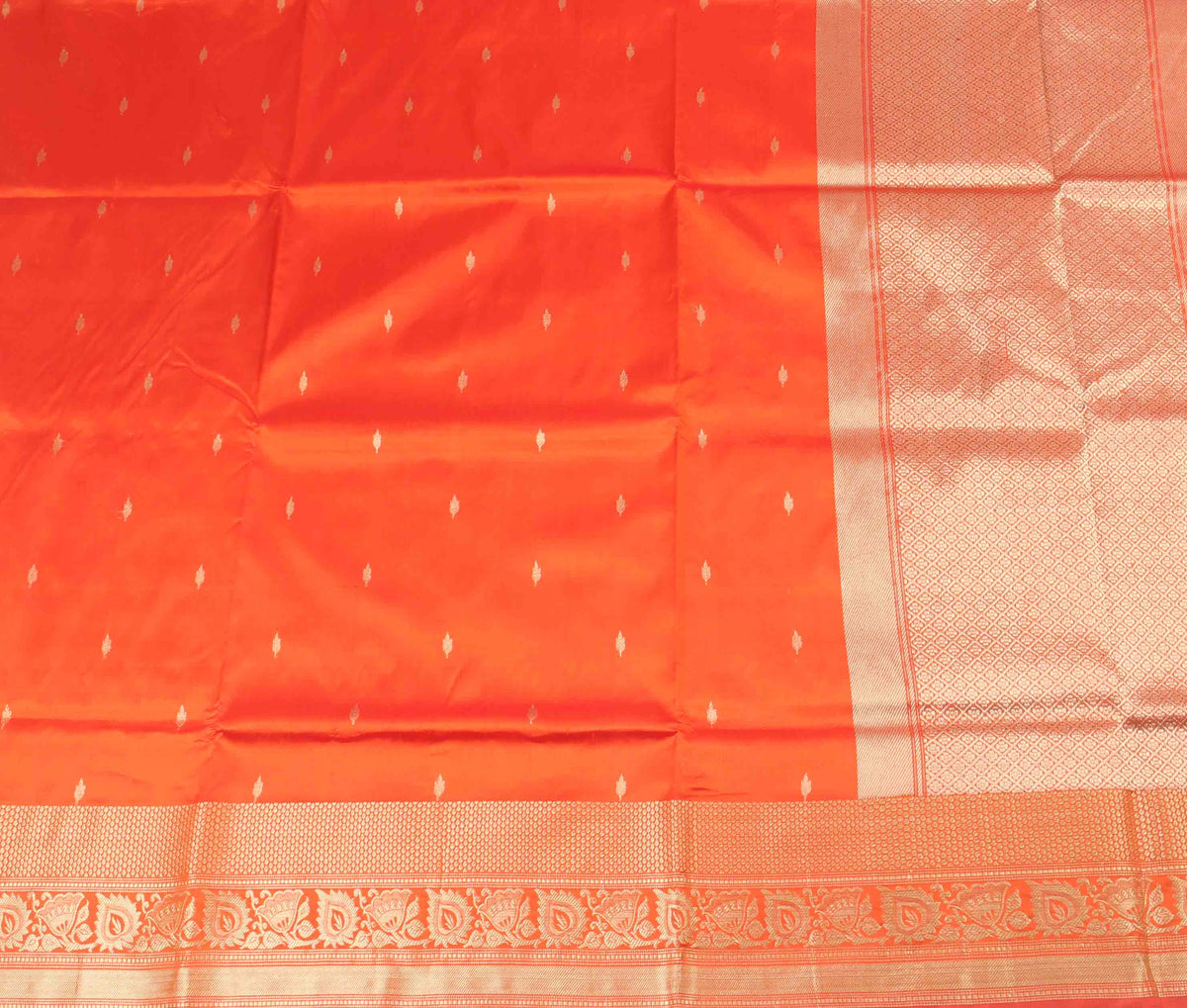 Orange Katan Silk Handwoven Banarasi saree with mini booti (2) Flat