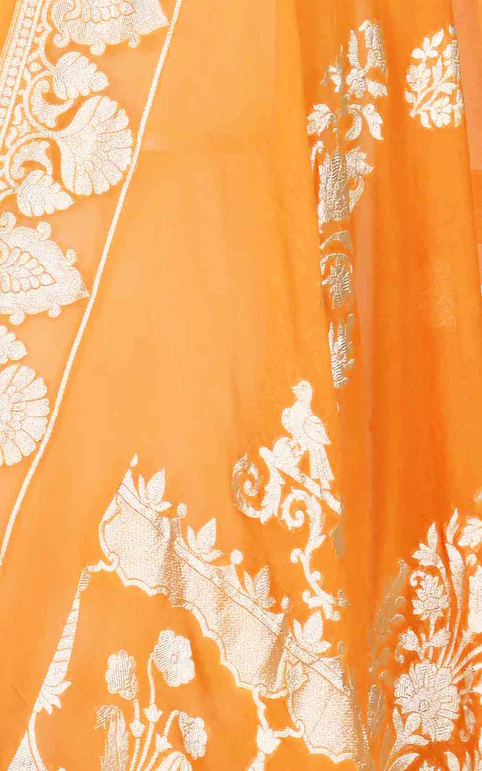 Orange khaddi georgette Banarasi dupatta with leaf shape boota (2) Close up
