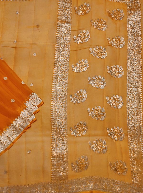 Orange light weight chiffon handloom Banarasi saree with silver booti (1) main