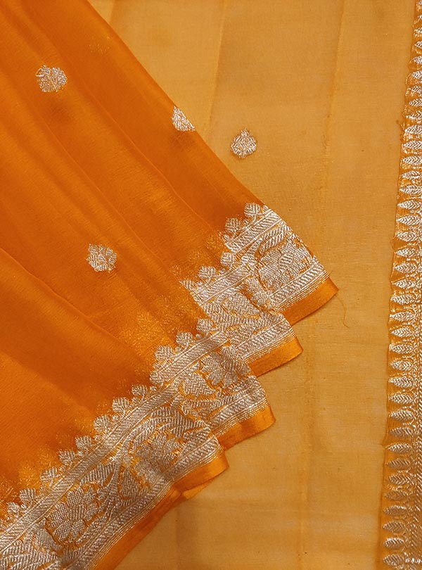 Orange light weight chiffon handloom Banarasi saree with silver booti (2) close up