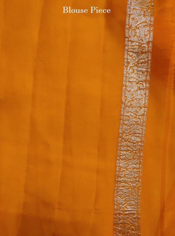 Orange light weight chiffon handloom Banarasi saree with silver booti (5) blouse