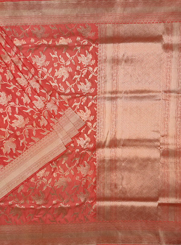 Peach Katan silk Banarasi saree with floral jaal (1) main
