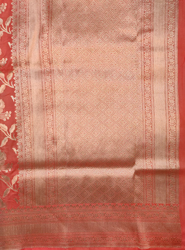 Peach Katan silk Banarasi saree with floral jaal (5) pallu