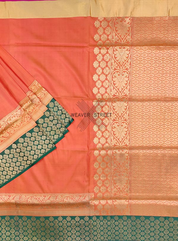 Peach Katan silk Handwoven Banarasi saree with floral skirt border (1) Main