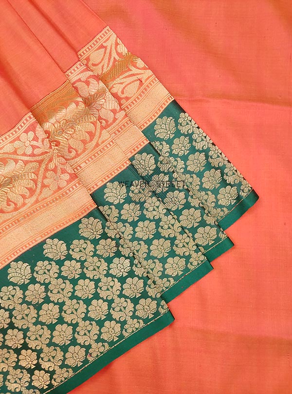 Peach Katan silk Handwoven Banarasi saree with floral skirt border (3) Close up