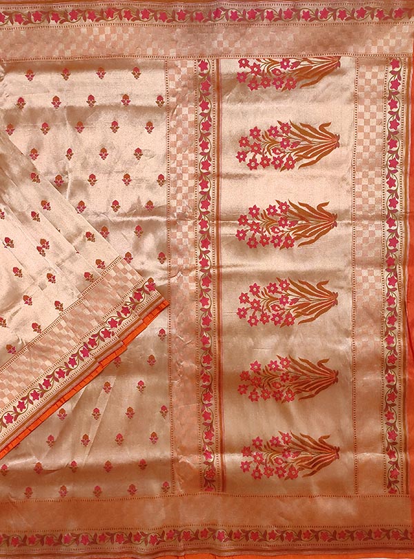 Peach Katan silk tissue handloom Banarasi saree with mini flower booti (1) main