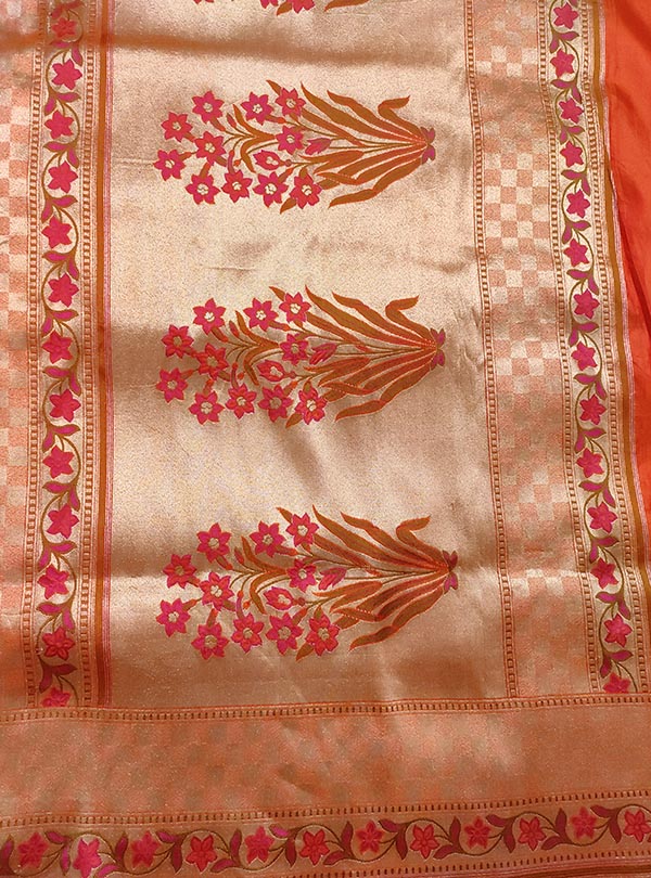 Peach Katan silk tissue handloom Banarasi saree with mini flower booti (4) anchal