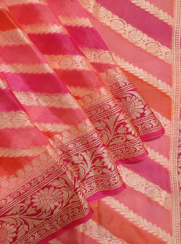 Peach Orange multi color Lehariya chiffon Banarasi saree with diagonal jaal (2) close up