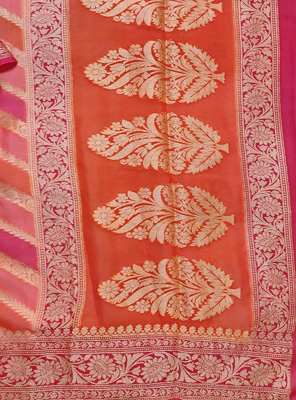 Peach Orange multi color Lehariya chiffon Banarasi saree with diagonal jaal (4) pallu
