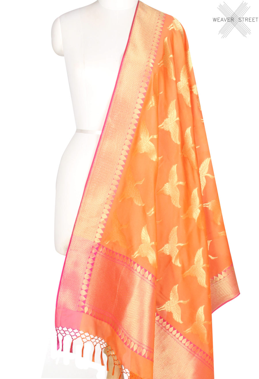 Peach Banarasi dupatta with flying stork motifs (1) Main