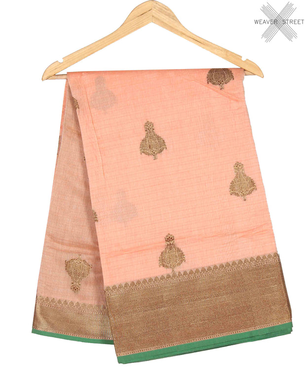 Peach Silk Cotton Handwoven Banarasi saree with kadwa boota (1) Main