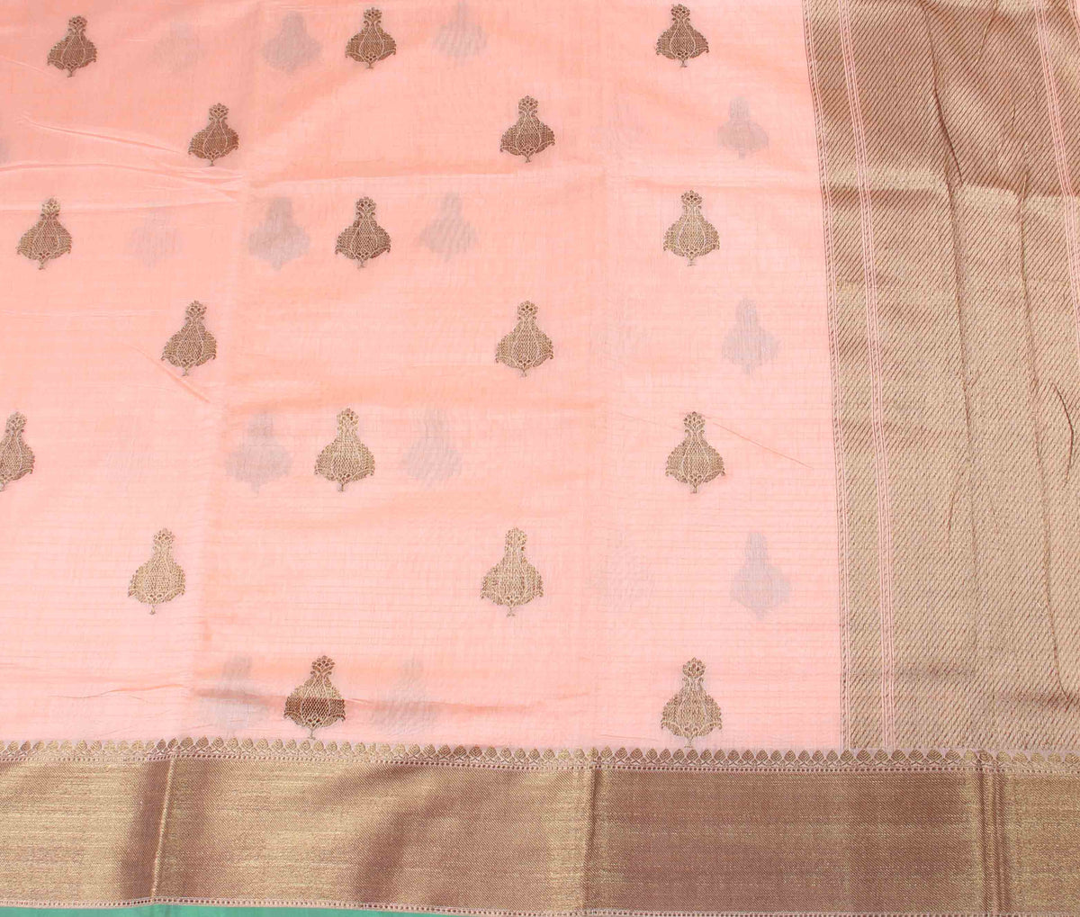 Peach Silk Cotton Handwoven Banarasi saree with kadwa boota (2) Flat