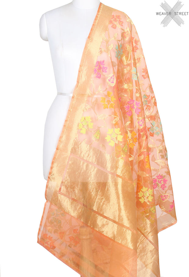 Peach kora silk Banarasi dupatta with multi color flower jaal (1) main