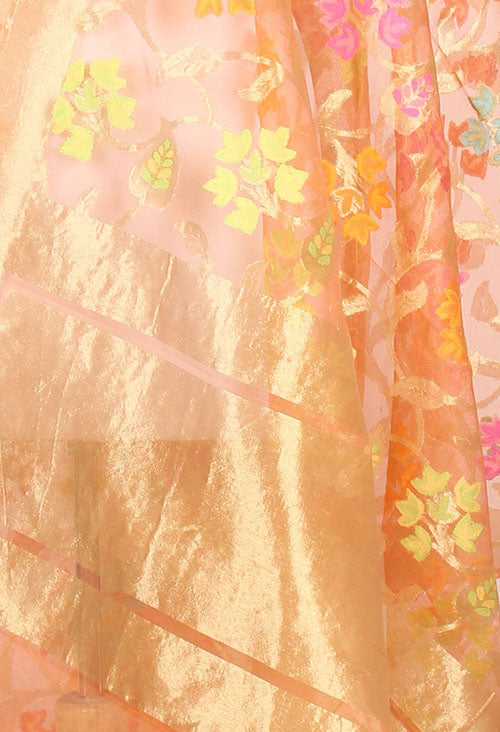 Peach kora silk Banarasi dupatta with multi color flower jaal (2) closeup