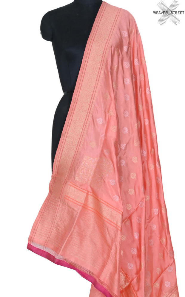 Peach katan silk handwoven ektara Banarasi dupatta with sona rupa buti and konia (1) main
