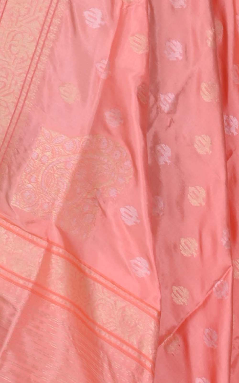 Peach katan silk handwoven ektara Banarasi dupatta with sona rupa buti and konia (2) closeup